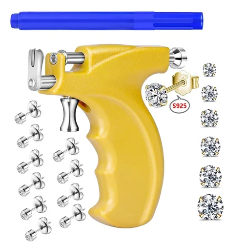 Miniatura 8 de Kit profesional de pistola de perforación de oreja con 6 pares de aretes de plata de ley S925 (chapado en oro amarillo de 18 quilates) + 10 pares