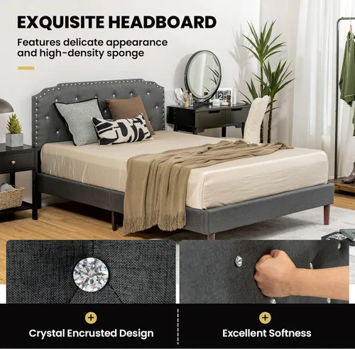 Miniatura 6 de Giantex Base de cama tapizada con cabecera ajustable, base de cama con plataforma suave capitonada de cristal con listones de madera, base