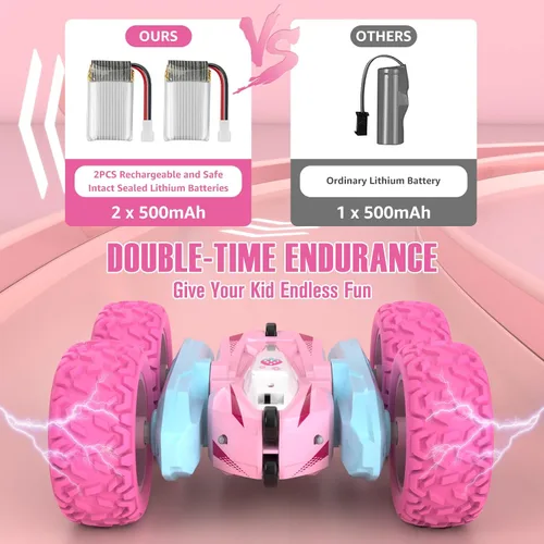Miniatura 5 de Automóvil a control remoto, camiones RC rosas para niñas, camión RC recargable, juguete de auto de acrobacias de doble cara de 2.4Ghz rotación 360°