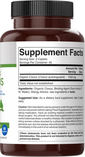 Miniatura 4 de Brieofood Organic Cissus Quadrangularis 1500mg, 45 porciones, vegetariano, sin gluten, 90 tabletas vegetarianas