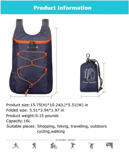 Miniatura 6 de Levayhill 16L Mochila ligera plegable para senderismo, mochila de día pequeña y plegable para viajes, bolsa de gimnasio ultraligera y resistente al