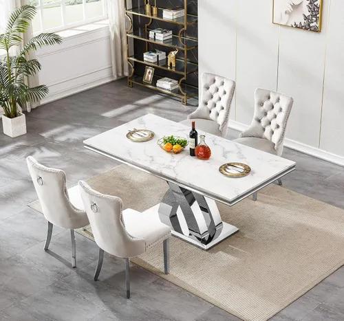 Miniatura 2 de Juego de mesa de comedor de mármol sintético blanco plateado de 68 pulgadas para 4, juego de mesa rectangular de 5 piezas con patas de acero Mesa