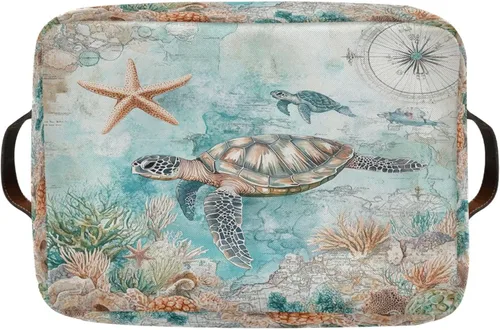 Miniatura 8 de Cesta de almacenamiento temática náutica de tortuga marina, cesta de tela, contenedor de almacenamiento, organizador de cajas plegables de estrellas