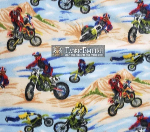 Fabric Empire Tela estampada de vellón para motocross, color azul y marrón, 58 pulgadas de ancho, vendido por The Yard