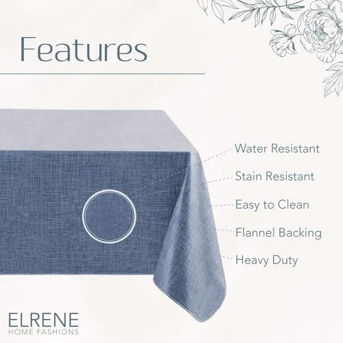 Miniatura 4 de Elrene Home Fashions - Mantel de vinilo con respaldo de franela inspirado en lino Monterey, resistente al agua y a las manchas, 52 pulgadas X 52 Azul