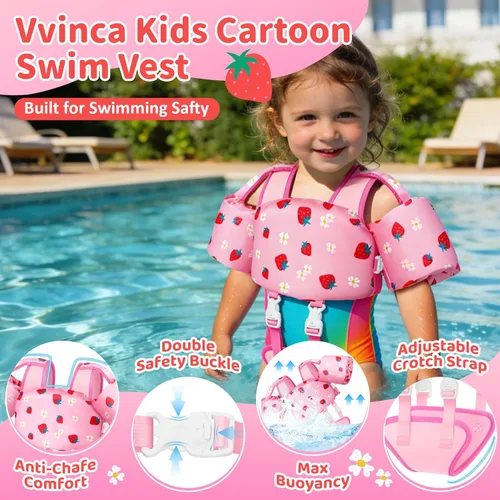 Miniatura 2 de Vvinca Chaleco de natación para niños de 22 a 66 libras, entrenador de natación para niños y niñas con correa de entrepierna antirozaduras, 02-fresa