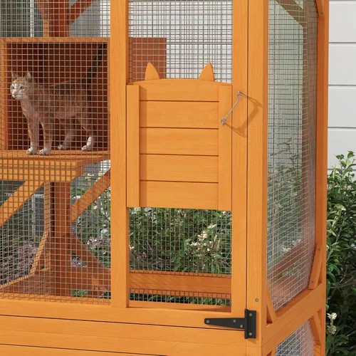 Miniatura 8 de Casa grande para gatos con caja de descanso alta, catio de madera de 71 pulgadas con techo de asfalto, recinto para gatos en interiores y exteriores