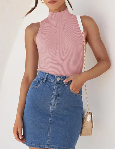 Miniatura 3 de ZESICA Camisetas sin mangas de verano para mujer, cuello de tortuga, de punto acanalado, ajustadas, básicas, casuales