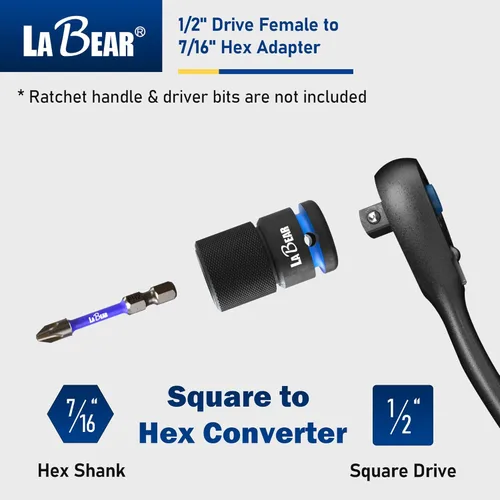 Miniatura 2 de LABEAR - Adaptador de llave de impacto, 1/2 "hembra a convertidor hexagonal de 7/16", liberación rápida, mandril de cambio rápido, adaptador