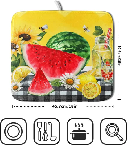 Miniatura 2 de Tapete de Secado de Platos de Sandía de Verano de Microfibra, Tapetes Escurridores de Platos de Cuadros de Búfalo de Limón Amarillo 16x18 Pulgadas