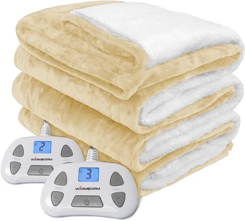 Warm Storm Manta eléctrica tamaño Queen, franela antiestática y sherpa, 10 niveles de calefacción, 12 horas de apagado automático, lavable a