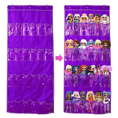 Organizador de almacenamiento de juguetes para colgar sobre la puerta (24 bolsillos), compatible con muñecas sorpresa LOL OMG (juguetes no Púrpura
