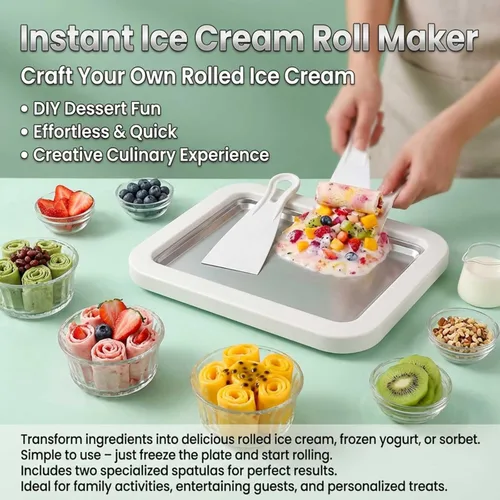 Miniatura 8 de Kit de máquina de helado enrollado, bandeja de rollo de helado con 2 raspadores, no requiere electricidad, placa de congelación de acero inoxidable