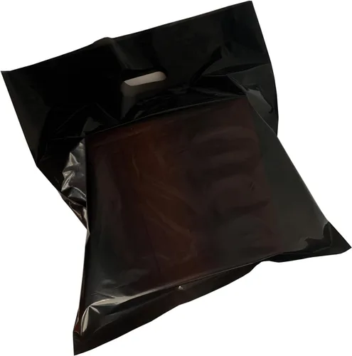 Miniatura 10 de Krodtige Paquete de 100 bolsas de compras negras de 16 x 18 x 2 mil de grosor con asas troqueladas, bolsa de plástico brillante, perfectas