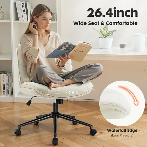 Miniatura 7 de Sweetcrispy Silla de Oficina Sin Brazos con Ruedas, Silla Amplia de Piernas Cruzadas, Sillas de Computadora Ajustables y Giratorias de Cuero