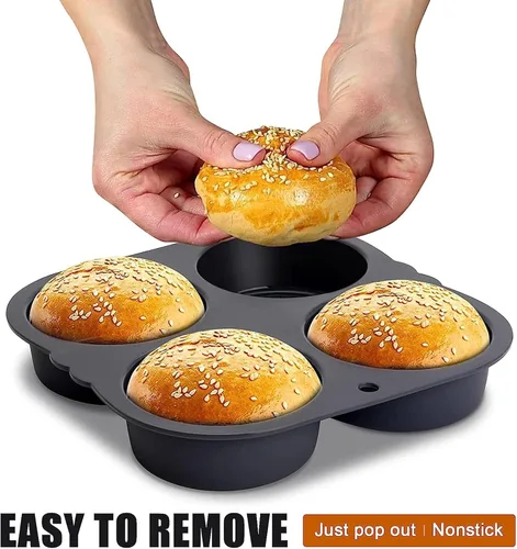 Miniatura 8 de Molde para bollo de hamburguesa, negro, silicona, cavidad profunda de 4 pulgadas, antiadherente