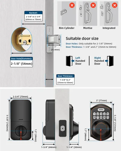 Miniatura 6 de TEEHO TE001 - Cerradura inteligente para puerta de entrada, sin llave, con teclado, con 2 llaves, bloqueo automático, de fácil instalación