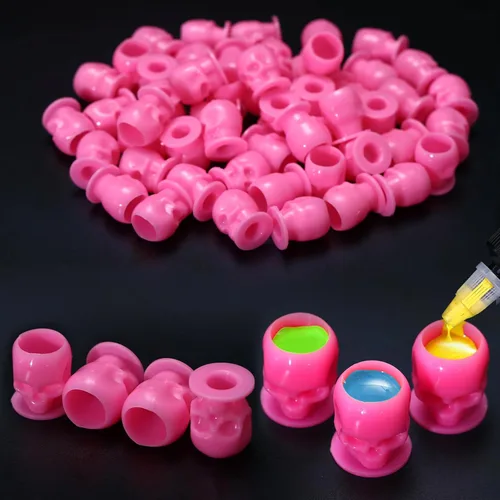 YILONG Tapas de tinta desechables para tatuaje, vasos de tinta de tatuaje de calavera con base estable y 200 unidades por paquete, soporte Calavera