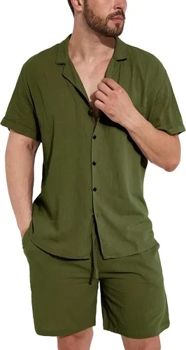 Miniatura 2 de THWEI Conjunto de 2 piezas para hombre, camisa de manga corta, casual, algodón, con botones, para verano, playa, vacaciones