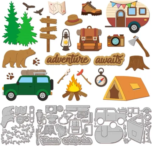 GLOBLELAND Troqueles de corte de camping para hacer tarjetas, carpa de coche, troqueles para manualidades, álbumes de recortes, diario, papel de
