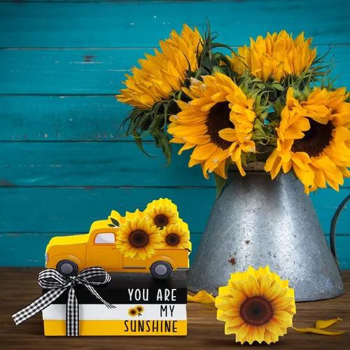 Miniatura 8 de Yookeer 5 piezas de girasoles para decoración de bandejas escalonadas, decoración de girasol, letrero de madera de verano, centro de mesa de sol