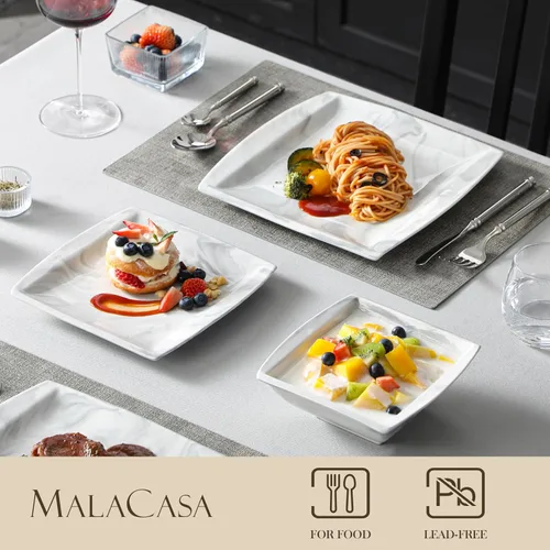Miniatura 3 de MALACASA Juego de platos y cuencos, juego de vajilla de porcelana de 12 piezas para 4, platos cuadrados y cuencos para postre, ensalada y sopa