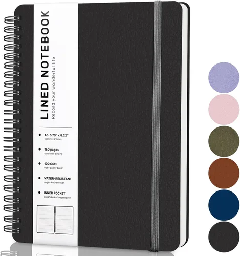 Miniatura 21 de Cuaderno de diario con líneas en espiral, cuaderno A5 de cuero de tapa dura para el trabajo, 5.7''×8.2'', papel grueso de 100GSM encuadernado