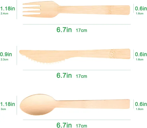 Miniatura 4 de Utensilios de bambú -100 PK (50 tenedores, 25 cucharas, 25 cuchillos) 6.7 pulgadas, tenedores compostables, cucharas, cuchillos, cubiertos de bambú