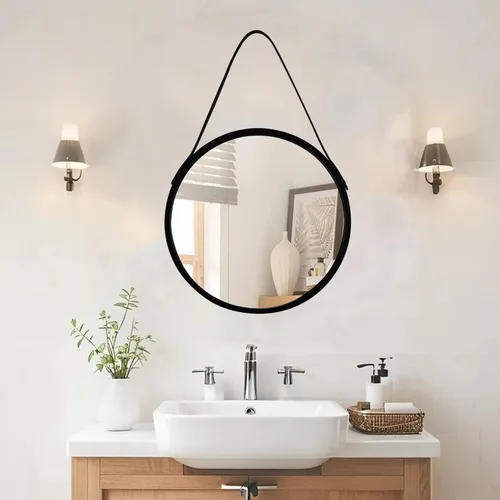 Miniatura 3 de Espejo colgante redondo negro de 11.8 pulgadas, espejo de granja con cuerda de cuero para colgar en el baño, dormitorio, sala de estar, entrada