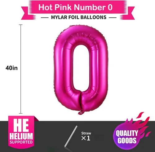 Miniatura 2 de Globo de cumpleaños de 40 pulgadas de color rosa intenso con el número 0, globos grandes de Mylar para fiesta de cumpleaños, aniversario, festival