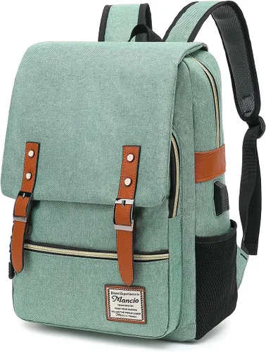 Miniatura 10 de Mancio Mochila vintage delgada para laptop para mujeres y hombres, bolsa universitaria de negocios resistente a desgarros con puerto de carga USB