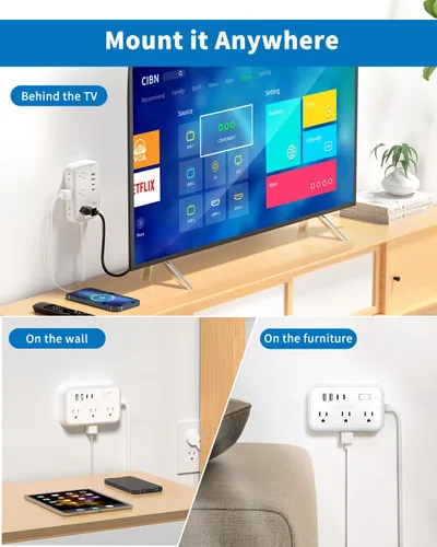 Miniatura 5 de Regleta de alimentación NTONPOWER con cable de extensión plano de 25 pies, con 6 salidas y 4 puertos USB (2 USB C), enchufe plano, múltiples Blanco