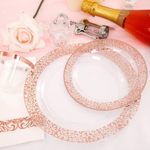 Miniatura 5 de I00000 Placas de plástico y cubiertos desechables transparente dorado rosa
