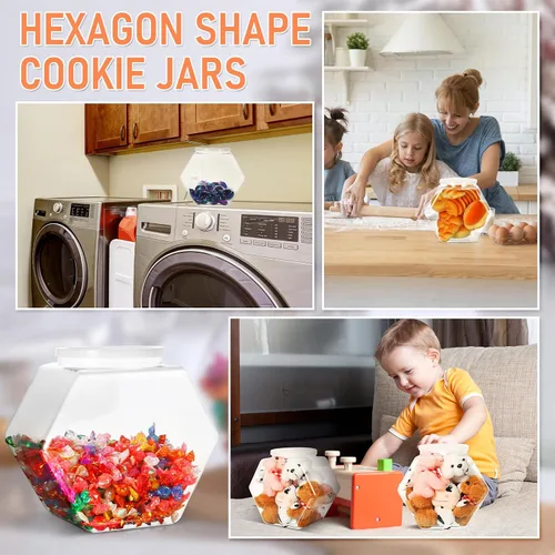 Miniatura 5 de EBOOT 4 tarros de plástico de 29 onzas para galletas de caramelo para encimera de cocina, tarro hexagonal con tapa, recipientes transparentes