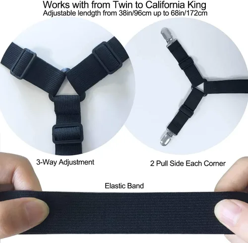 Miniatura 4 de Pinzas para sábana de cama - 2 formas ajustables, correas de esquina para sábanas entrecruzadas, banda elástica de sujeción, correas para colchón
