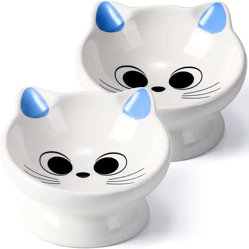2 piezas de tazón de comida para gatos elevado de cerámica, tazones de comida inclinados 15°, protegen la columna vertebral del gato, antivómito,
