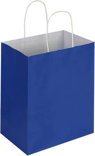 Miniatura 5 de Oikss Paquete de 100 bolsas de papel kraft medianas de 8 x 4.75 x 10 pulgadas con asas a granel para cumpleaños, bodas, fiestas, comestibles, Azul
