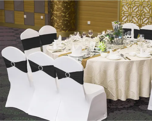 Miniatura 8 de Paquete de 50 bandas negras de elastano para sillas de boda, lazos con hebillas para fiestas, cumpleaños, fiestas, banquetes de jubilación