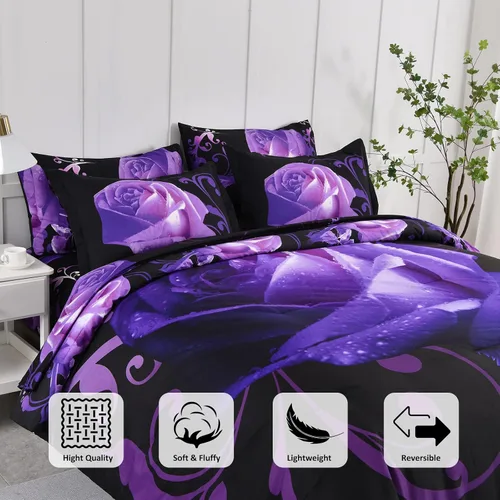Miniatura 5 de Xruibed Juego de edredón floral tamaño King de 7 piezas en una bolsa, edredón de flores de rosas moradas con juego de sábanas de microfibra suave