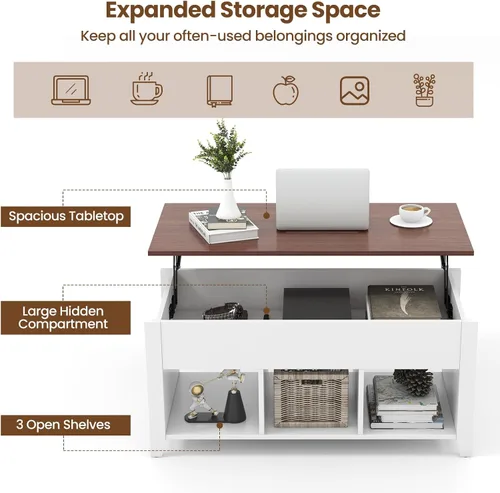 Miniatura 4 de GOFLAME Mesa auxiliar elevable, mesa central con mesa elevadora, compartimento oculto, 3 estantes abiertos, patas medias, almohadillas
