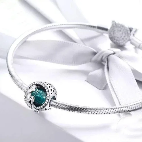 Miniatura 3 de Abalorio de cola de sirena azul y concha de plata de ley 925 con dije de océano para pulsera y collar
