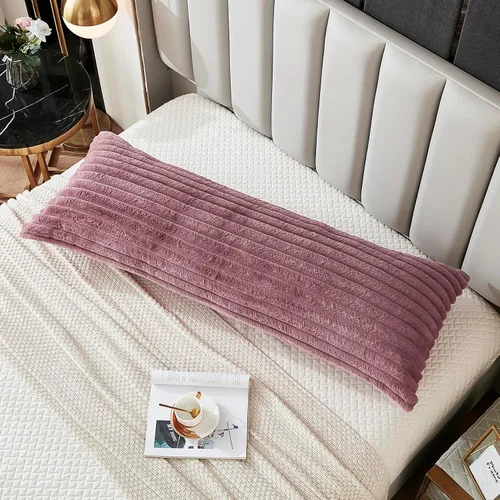 Miniatura 31 de Juego de 2 fundas de almohada para cama tamaño king, fundas de cojín rectangulares lumbares con diseño de rayas, forro de piel de conejo sintética