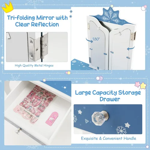 Miniatura 4 de GLACER Vanity - Tocador de maquillaje 2 en 1 con parte superior desmontable, espejo de tres pliegues, cajón, taburete, juego de mesa y silla