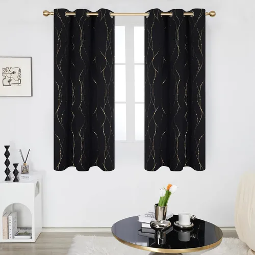 Miniatura 2 de Deconovo - Cortinas opacas con diseño dorado estampado y ojales, negro, de 42 pulgadas de ancho x 45 pulgadas de largo