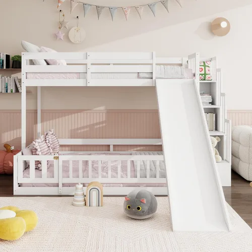 Miniatura 27 de Litera de casa individual sobre cama individual con tobogán convertible y nido, litera de madera maciza con techo y ventana para niños, verde-blanco