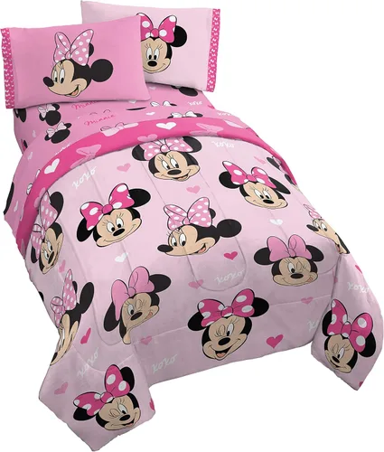 Jay Franco Disney Minnie Mouse Hearts N Love - Juego de ropa de cama tamaño completo de 5 piezas, incluye edredón reversible y juego de sábanas, Rosa