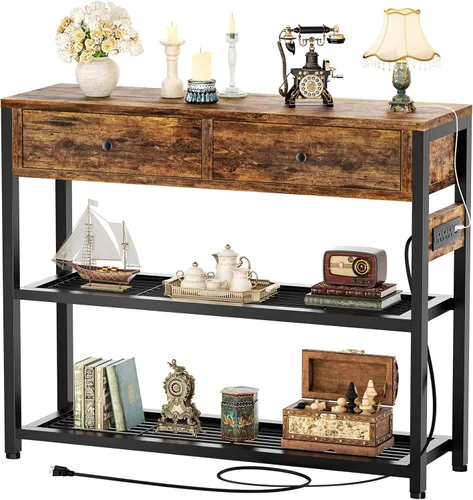 Ecoprsio Mesa de entrada con salidas y puertos USB, mesa consola con 2 cajones, mesa de sofá pequeña con estantes de almacenamiento para sala de