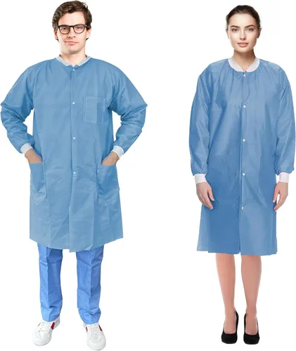 Miniatura 12 de EZGOODZ Abrigo de laboratorio desechable de 44 pulgadas de largo, grande. Paquete de 50 abrigos de laboratorio desechables SMS azul médico