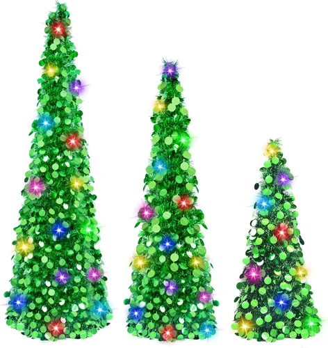 Miniatura 20 de MACTING Árbol de Navidad desplegable con 50 luces LED con temporizador, 5 pies, árbol de lápiz de oropel plegable de fácil montaje, árbol artificial