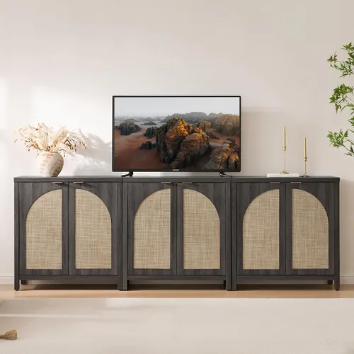 Miniatura 3 de SICOTAS Juego de 3 aparadores de ratán de 102 pulgadas de ancho, armario de almacenamiento moderno Credenza con puertas de arco y estantes, Roble